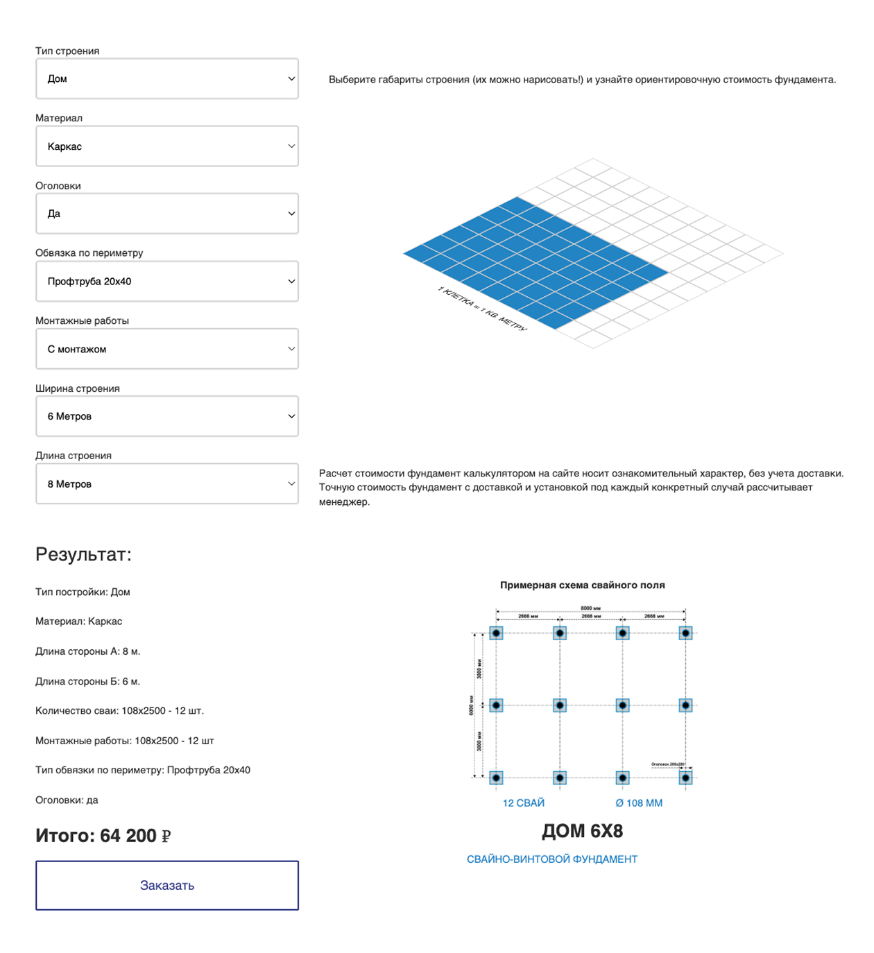 Посчитали на калькуляторе: фундамент на 20 винтовых сваях длиной 2,5 м и диаметром 108 мм со сварной обвязкой из стальной трубы вместе с работой обойдется в 64 200 ₽. Не учтена доставка, и еще не мешает добавить пару свай под крылечко. Источник: zavod-svai.ru