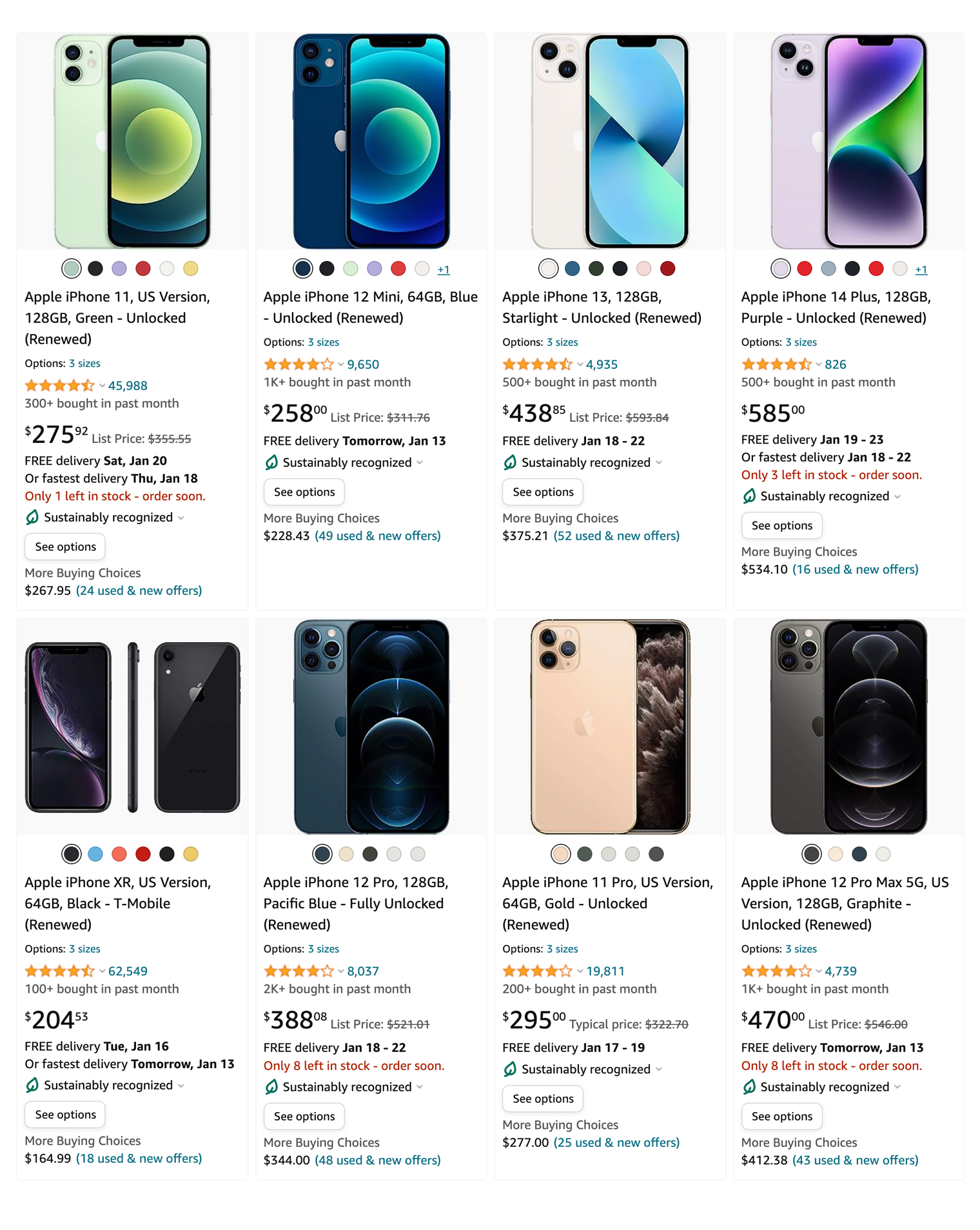 Скриншот с Амазона: это восстановленные телефоны прошлых лет, везде есть отметки Renewed. Цена примерно в два раза ниже рыночной. Источник: amazon.com
