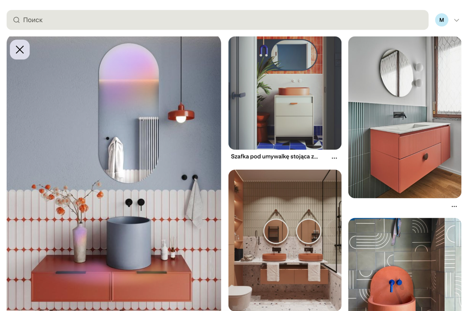 В нижнем правом углу на картинке есть значок лупы — если нажать на него, алгоритм проанализирует визуал на картинке и покажет еще больше похожих изображений с такими же предметами. © au.pinterest.com