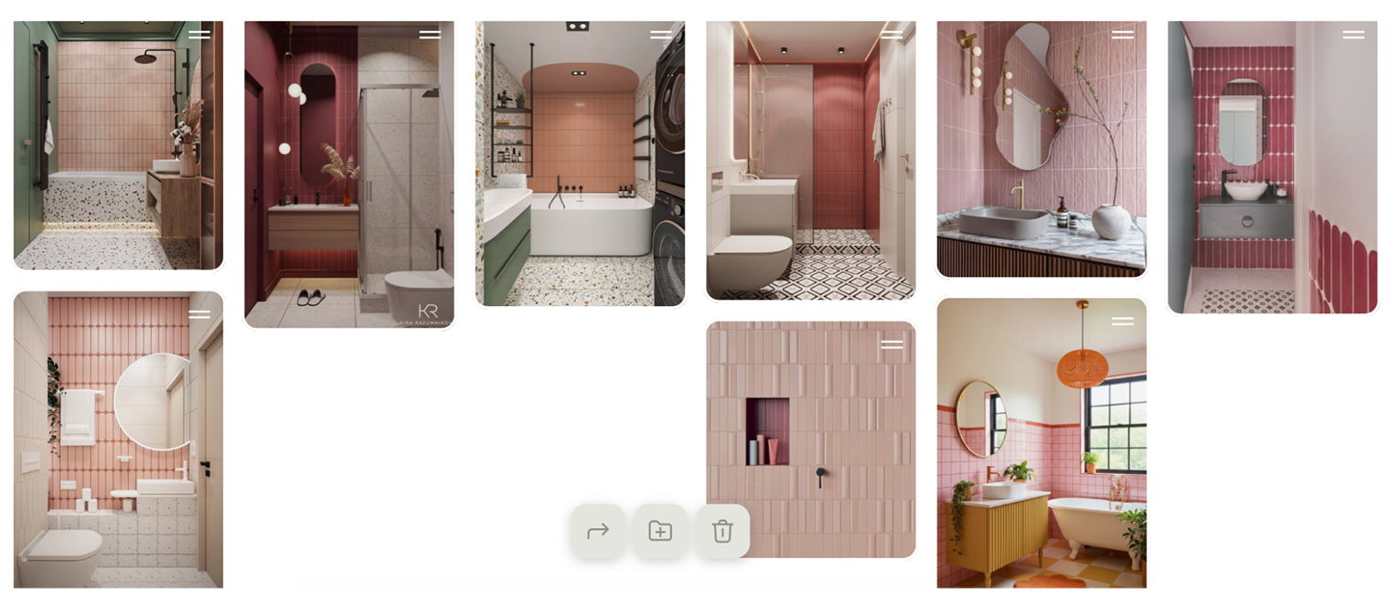 Концентрируемся на первых картинках: на них розовая плитка на стенах и зеленые оттенки, на полу — терраццо. Выписываем себе в блокнот: поискать розовую плитку, плитку терраццо, посмотреть зеленые оттенки для стен. Обычная розовая плитка недорогая — около 2 000 ₽ за 1 м². Плитка на последних пинах — овальная или выпуклая — стоит от 9 000 ₽ за 1 м². © au.pinterest.com