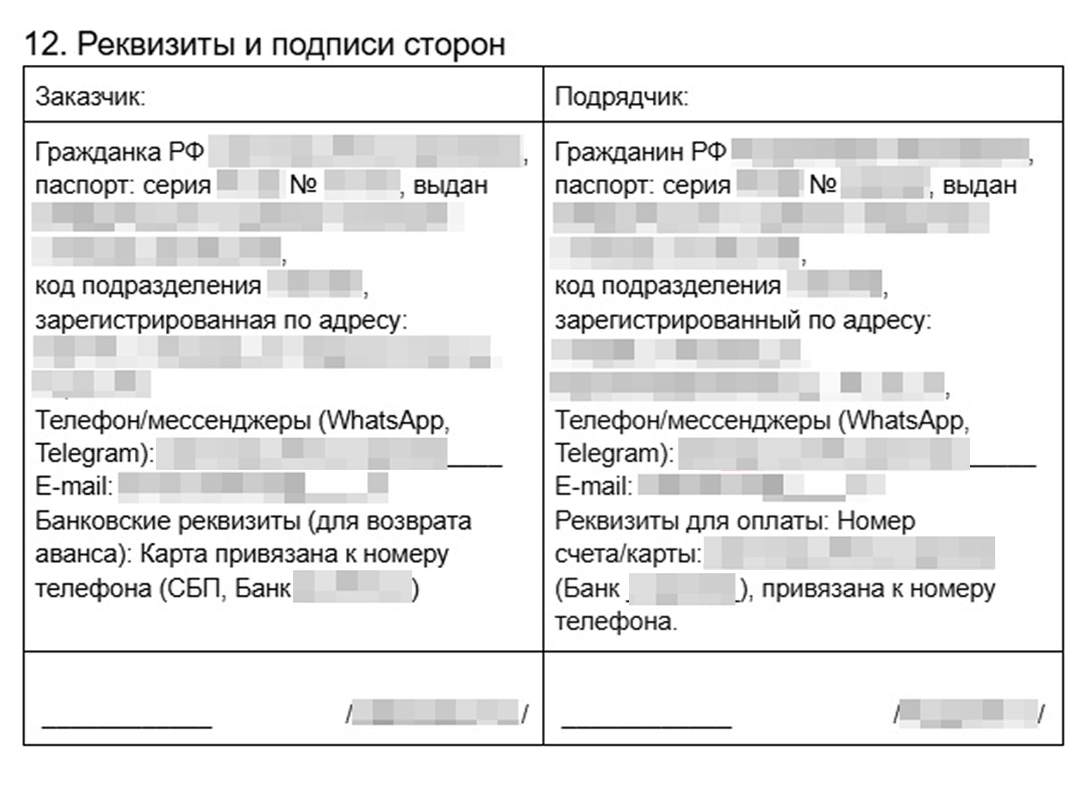 В конце договора указывают реквизиты сторон: ФИО, паспортные данные, адрес регистрации и контакты. Это позволяет однозначно идентифицировать участников и избежать ситуации, когда договор формально есть, но непонятно, с кого требовать исполнение