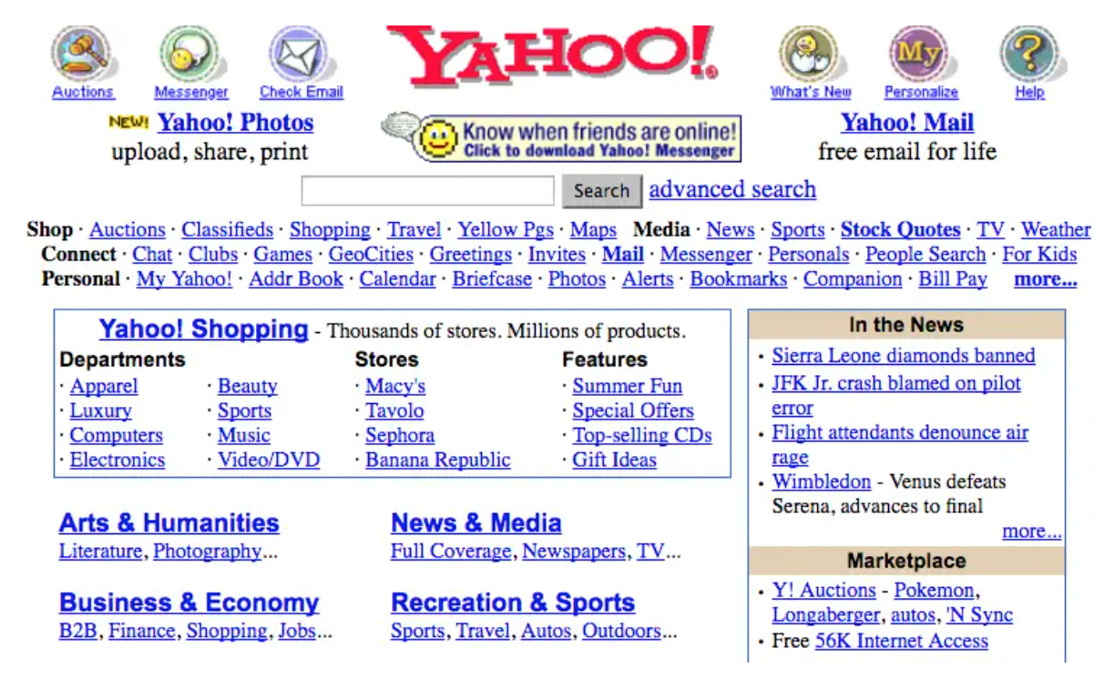 Вот так выглядел популярный поисковик Yahoo в 2000 году. Источник: Business Insider