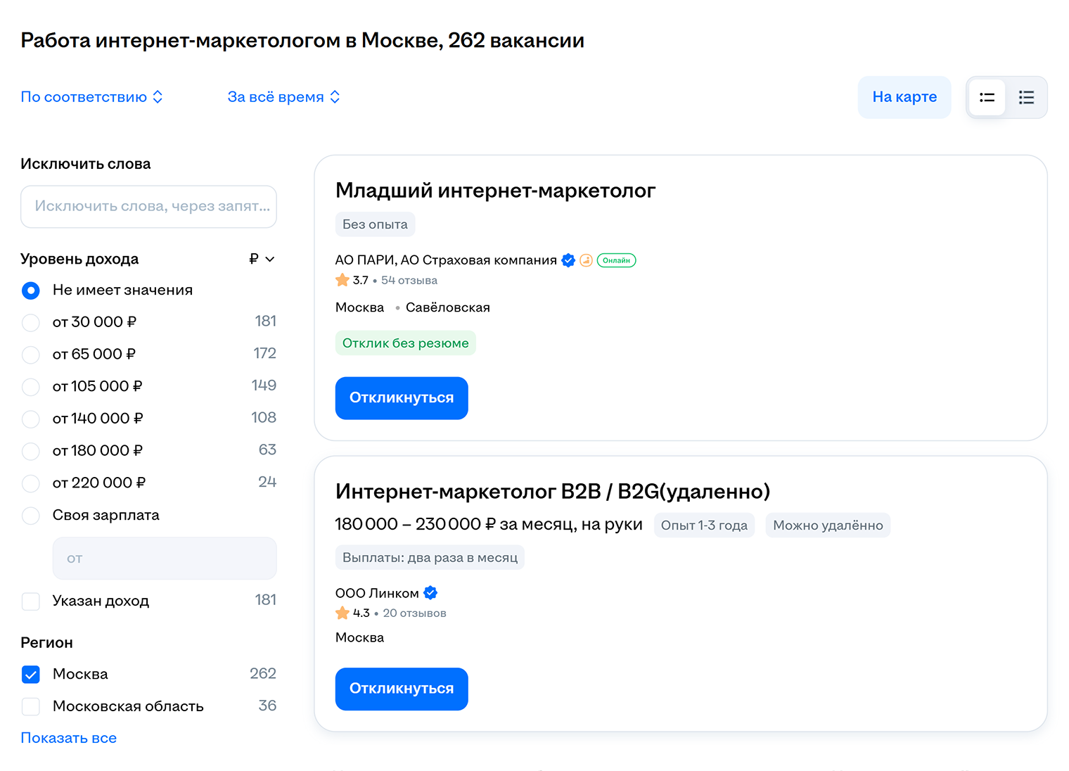 В Москве 262 вакансии интернет-маркетолога, и в некоторых обязанности различаются. В одной компании специалист должен настраивать автоворонки, в другой — анализировать маркетинговые показатели, а в третьей — заниматься контекстной рекламой. Данные за май 2025 года. Источник: hh.ru