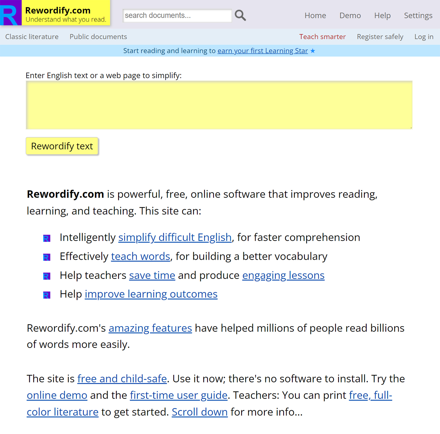 Так выглядит главная страница сервиса Rewordify. Ее дизайн заставляет вспомнить об онлайн⁠-⁠порталах из 2000⁠-⁠х