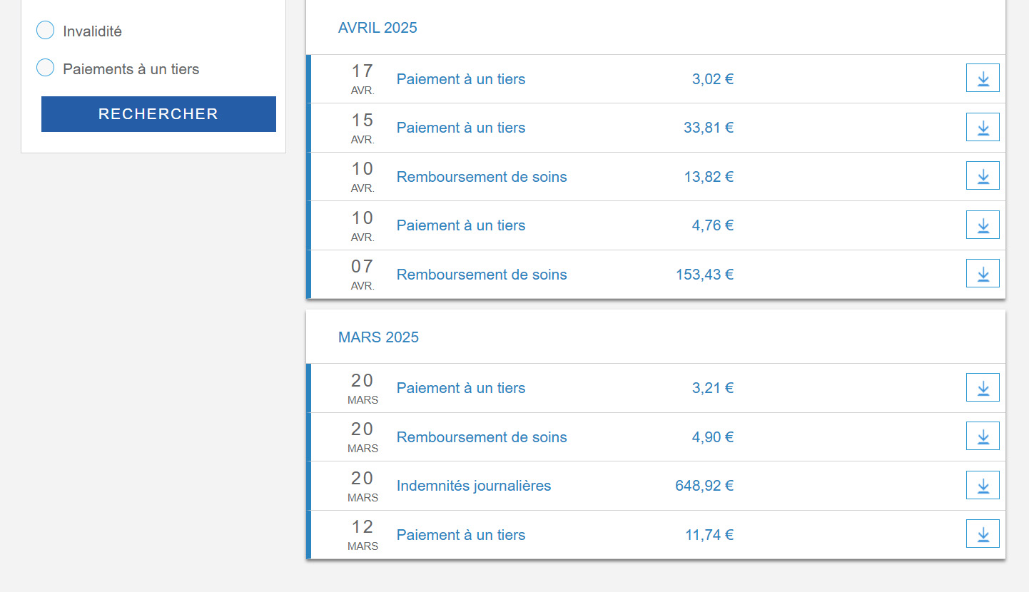 Страница сайта Ameli, где показаны возвраты средств после посещения врача или сдачи анализов. В марте 2025 года мне пришла последняя декретная выплата — 648 € ( ₽). Источник: ameli.fr