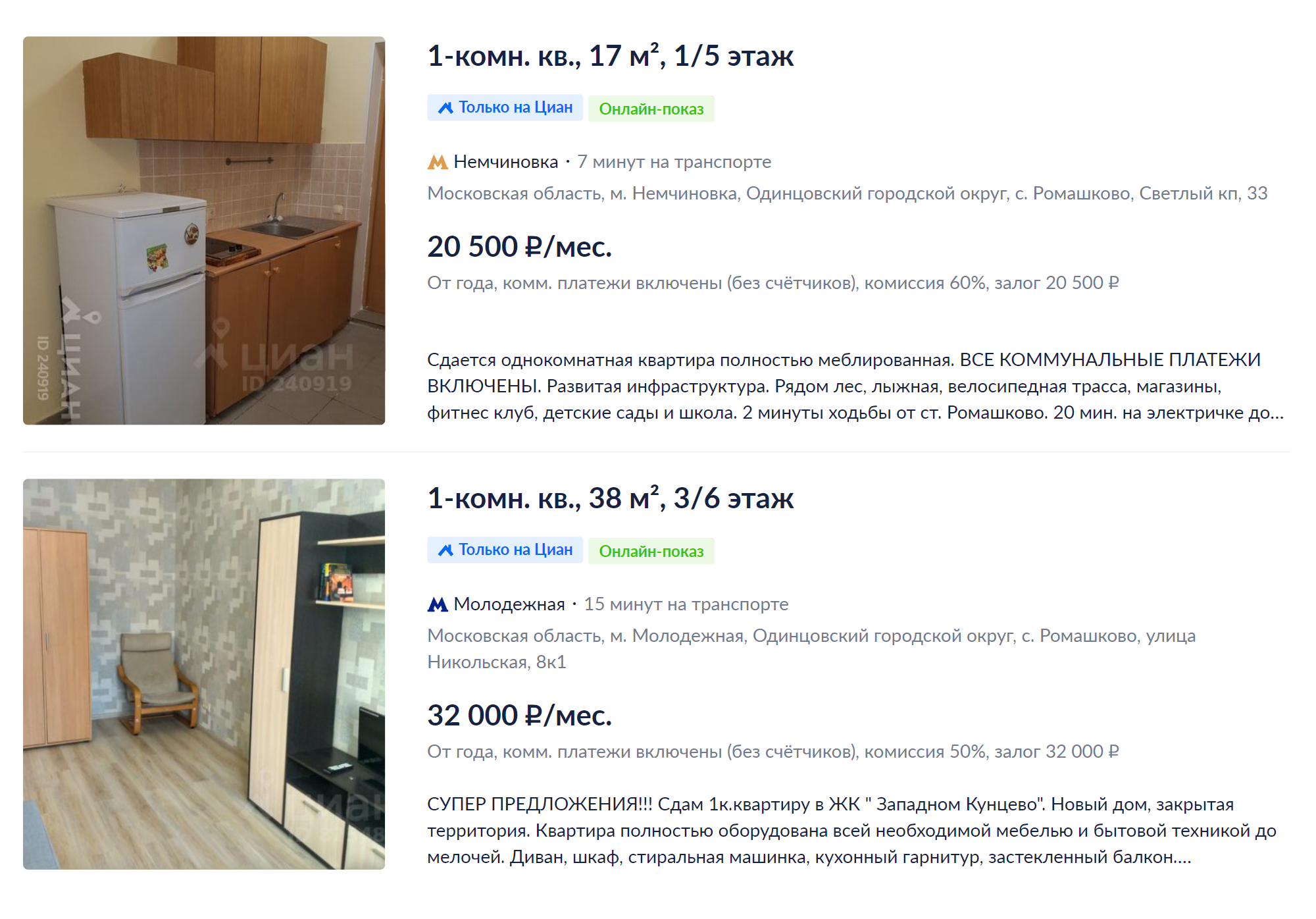 За 20 000 ₽ в Ромашкове можно снять только студию со стареньким ремонтом. Источник: cian.ru