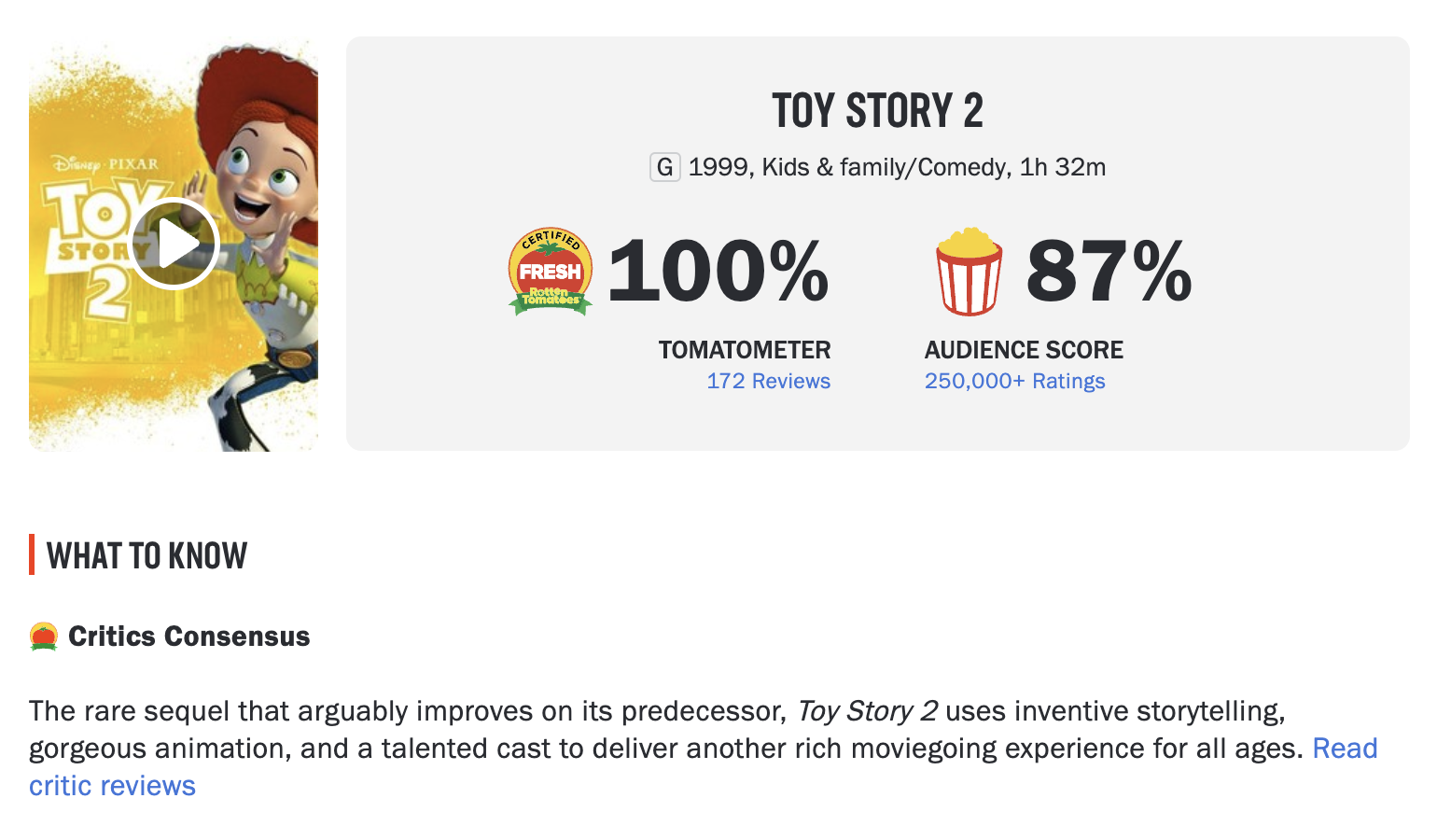 На Rotten Tomatoes есть «клуб фильмов с идеальным томатометром» — туда, например, входят первые две части «Истории игрушек». Источник: rottentomatoes.com