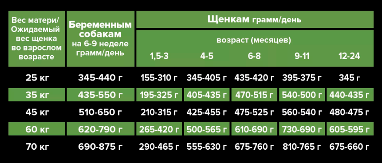 Пример правильной таблицы кормления щенков: в первом столбце видим важный ориентир — ожидаемый вес щенка или вес его матери