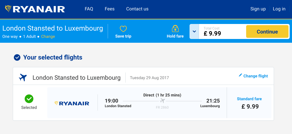 Билет в Люксембург из Лондона лоукостером «Райнэйр» за 756 ₽ в одну сторону
