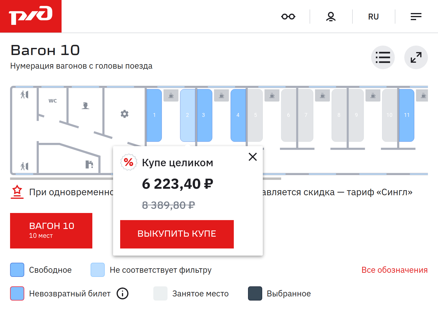 При покупке билетов появляются подсказки об акции, которая действует, если выкупить все купе