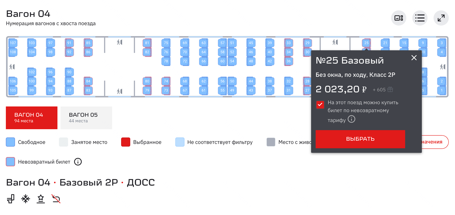 Невозвратный по тому же маршруту обойдется в 2 023 ₽. Чтобы выбрать его, нажмите на место, обведенное красной рамкой, и отметьте чекбокс «На этот поезд можно купить билет по невозвратному тарифу». © ticket.rzd.ru