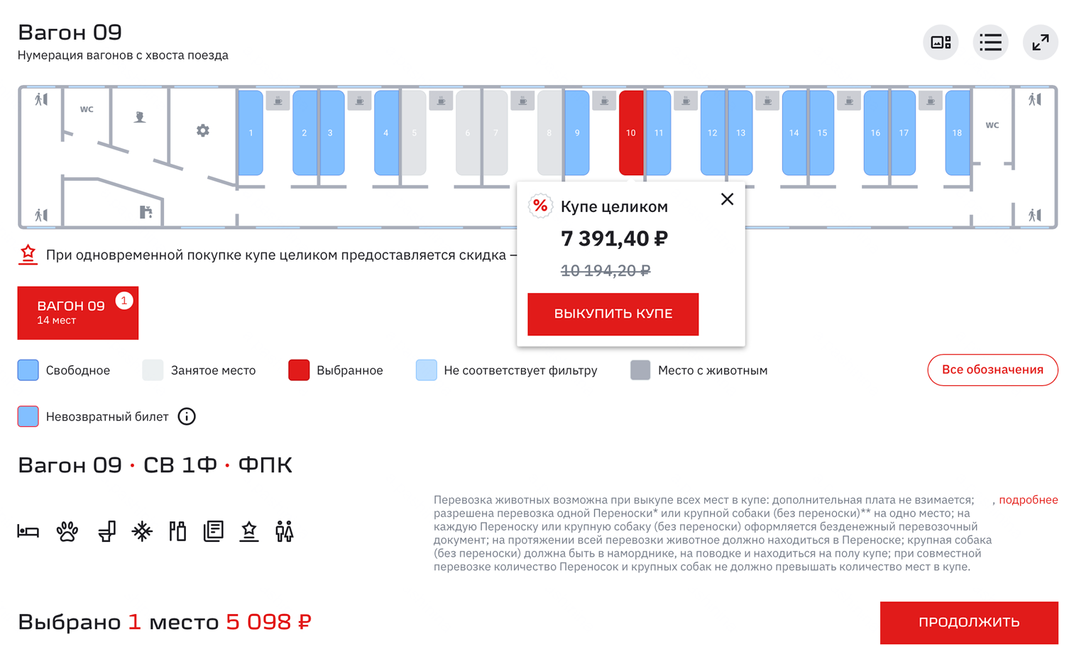 При покупке билетов появляются подсказки об акции, которая действует, если выкупить все купе. © ticket.rzd.ru