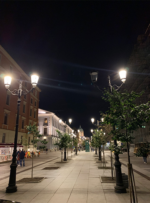 Улица Малая Конюшенная особенно уютно выглядит ночью в свете фонарей. Отсюда виден Казанский собор