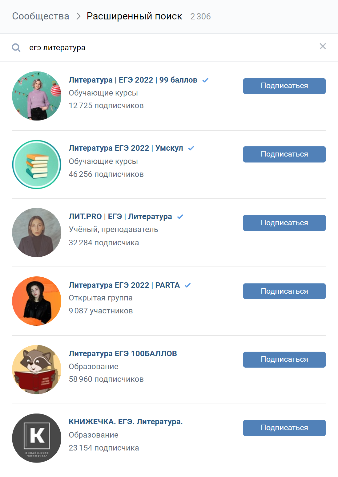 «Вконтакте» выдает 2306 результатов по ключевому запросу «ЕГЭ литература». Для сравнения: по запросу «ЕГЭ математика» найдено 3373 сообщества