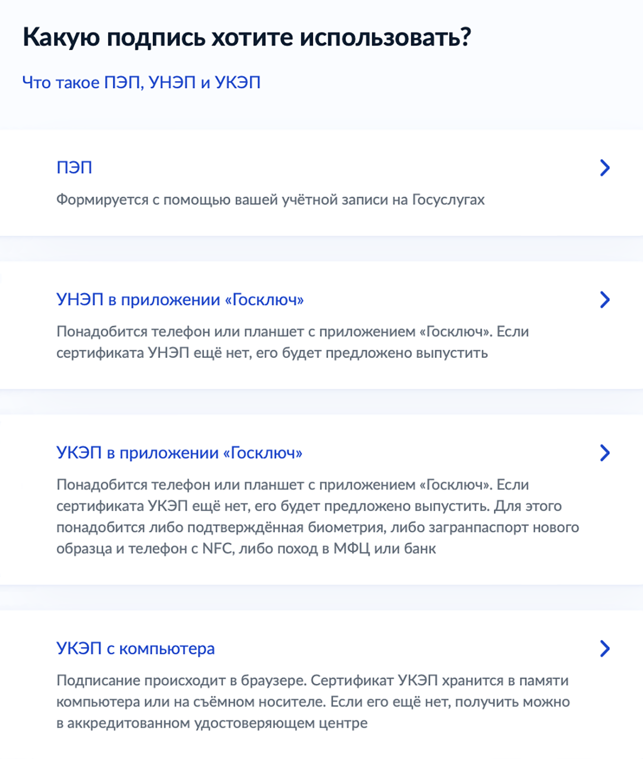 Страница с выбором типа электронной подписи и кратким описанием каждого варианта