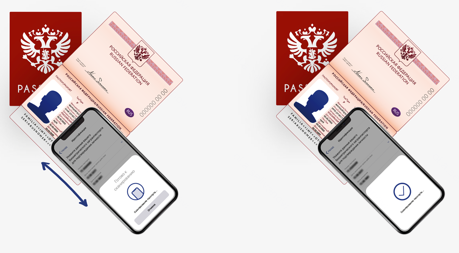 Правильное расположение телефона на загранпаспорте для успешного сканирования. Источник: gosuslugi.ru