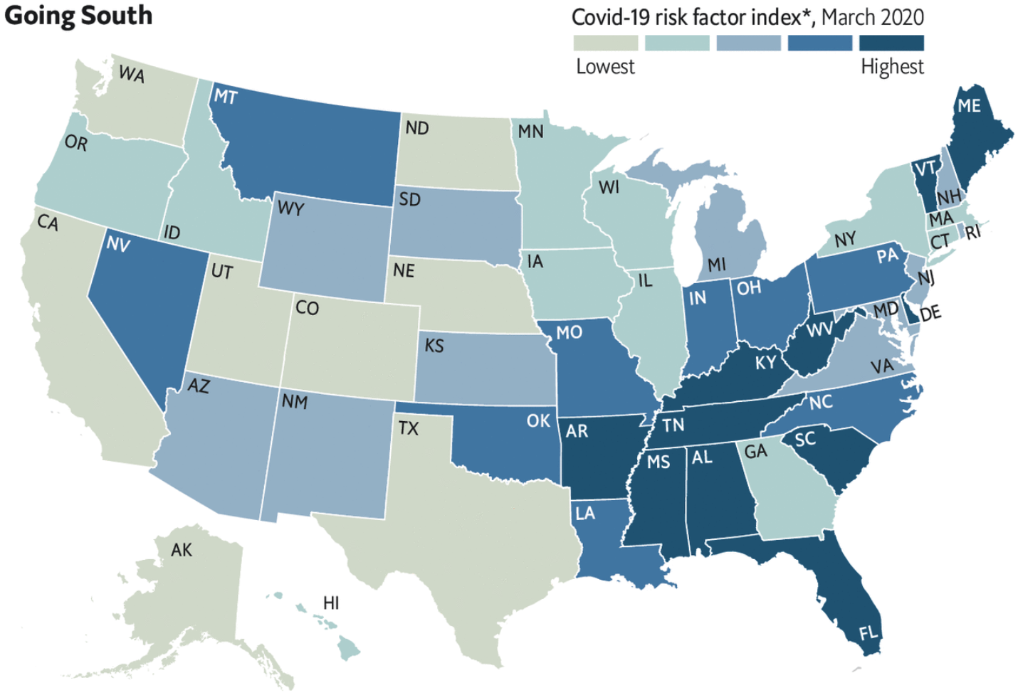 Индекс коронавирусного риска в разных штатах США. Серый — минимальный риск, темно-синий — максимальный. Миссисипи (MS) считается штатом с максимальным уровнем риска. Источник: The Economist