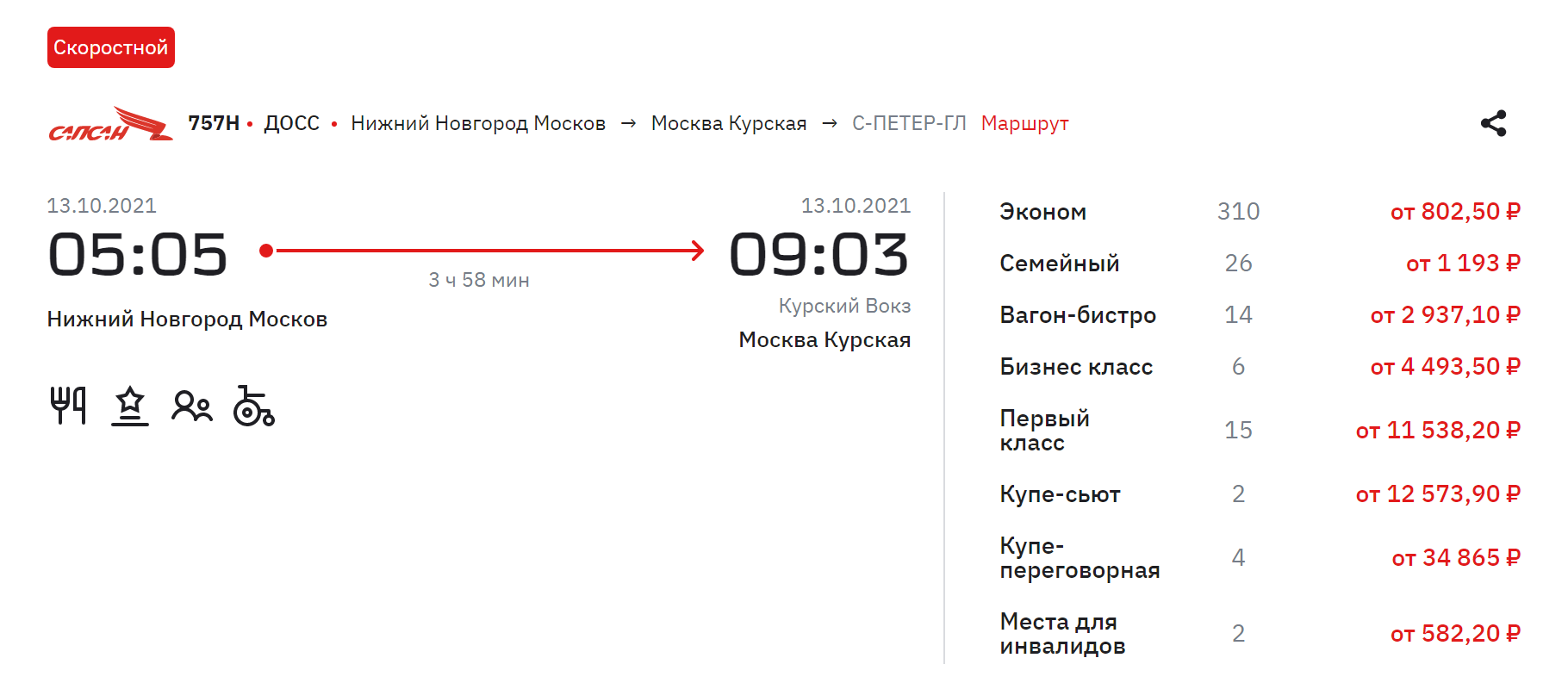 Из Нижнего Новгорода 13 и 15 октября можно уехать в Москву за 802,5 ₽