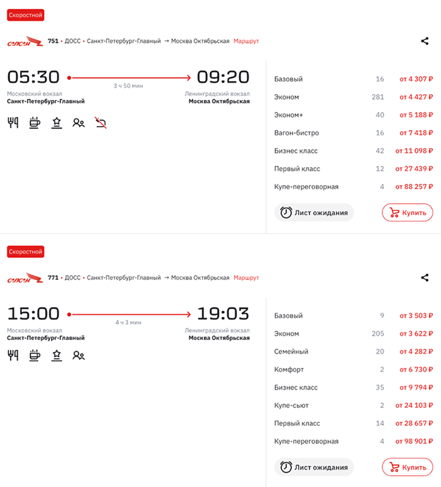Билет на рейс в 05:30 стоит 4 307 ₽, а в 15:00 — 3 503 ₽. © rzd.ru