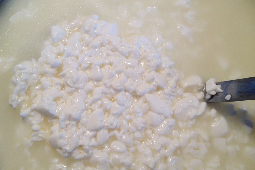 Сырное зерно похоже на творог. Если все сделано правильно и сгусток хорошо сформирован, при перемешивании оно не превратится в кашу и тем более — обратно в молоко