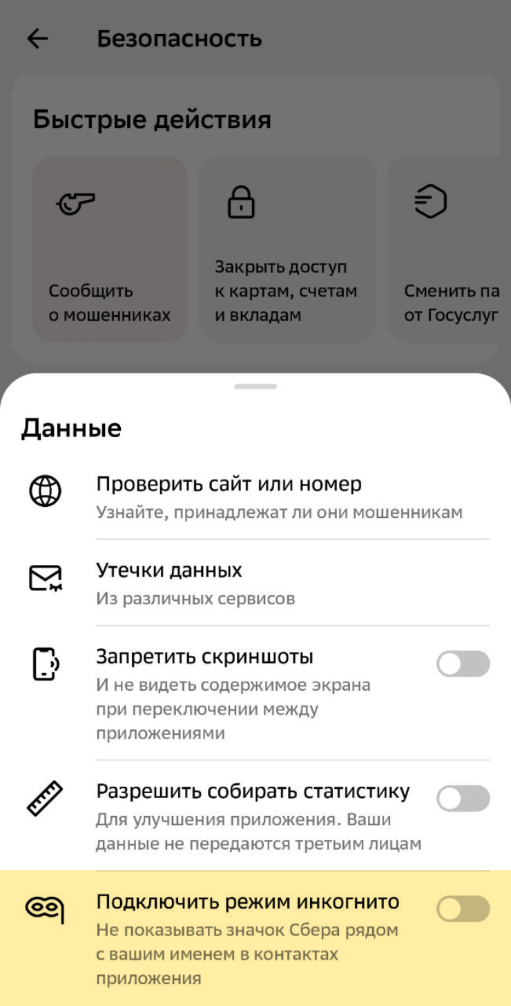 В разделе «Данные» включите режим инкогнито