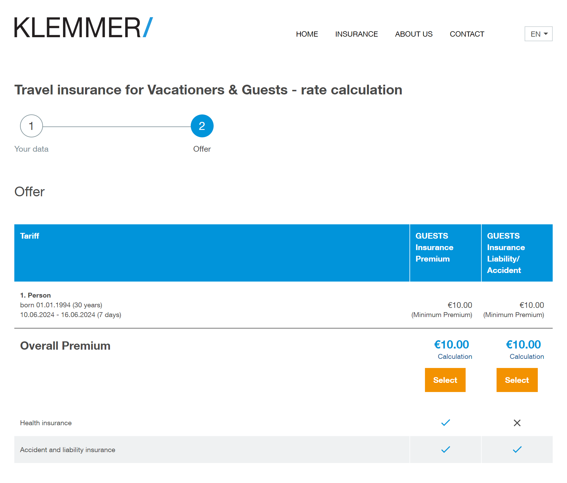 Стоимость полиса Klemmer на период поездки с 10 по 16 июня для одного туриста — 10 €. В описании сказано, что страховка превышает требования для получения шенгенской визы. Источник: klemmer⁠-⁠international.com
