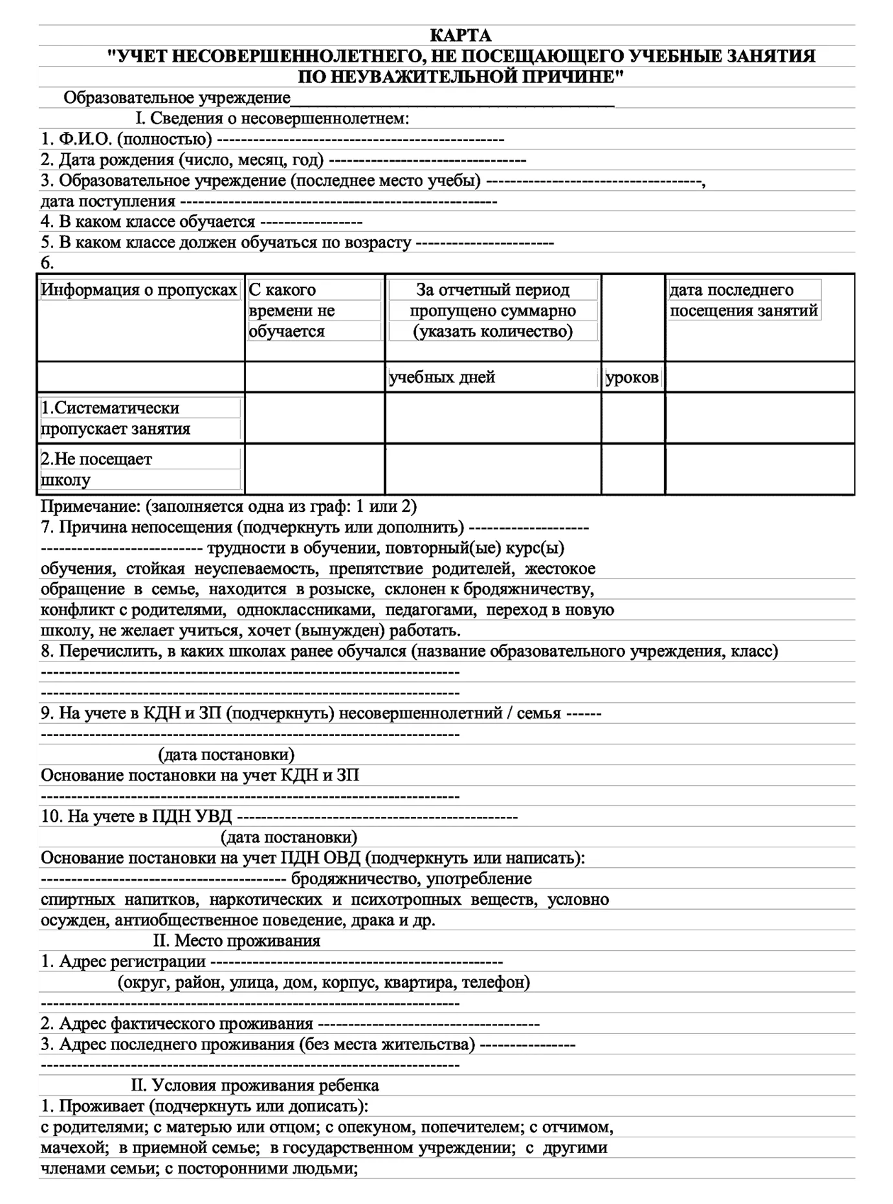 Вот как выглядит такая карта учета несовершеннолетнего