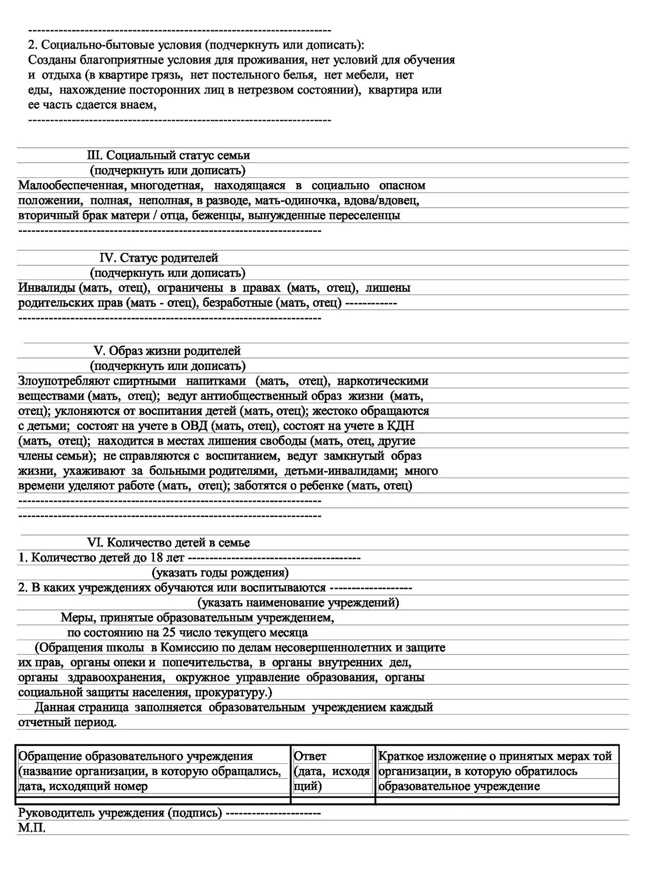 Вот как выглядит такая карта учета несовершеннолетнего