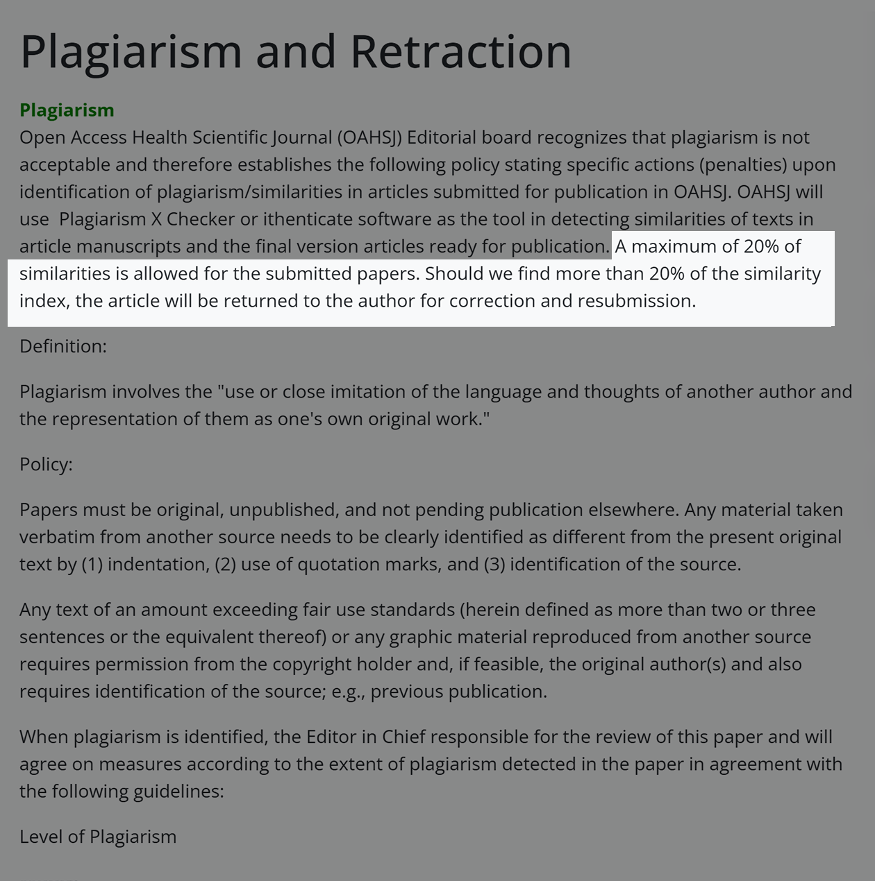 Требования к уникальности журнала Open Access Health Scientific Journal (OAHSJ). Источник: oahsj.org