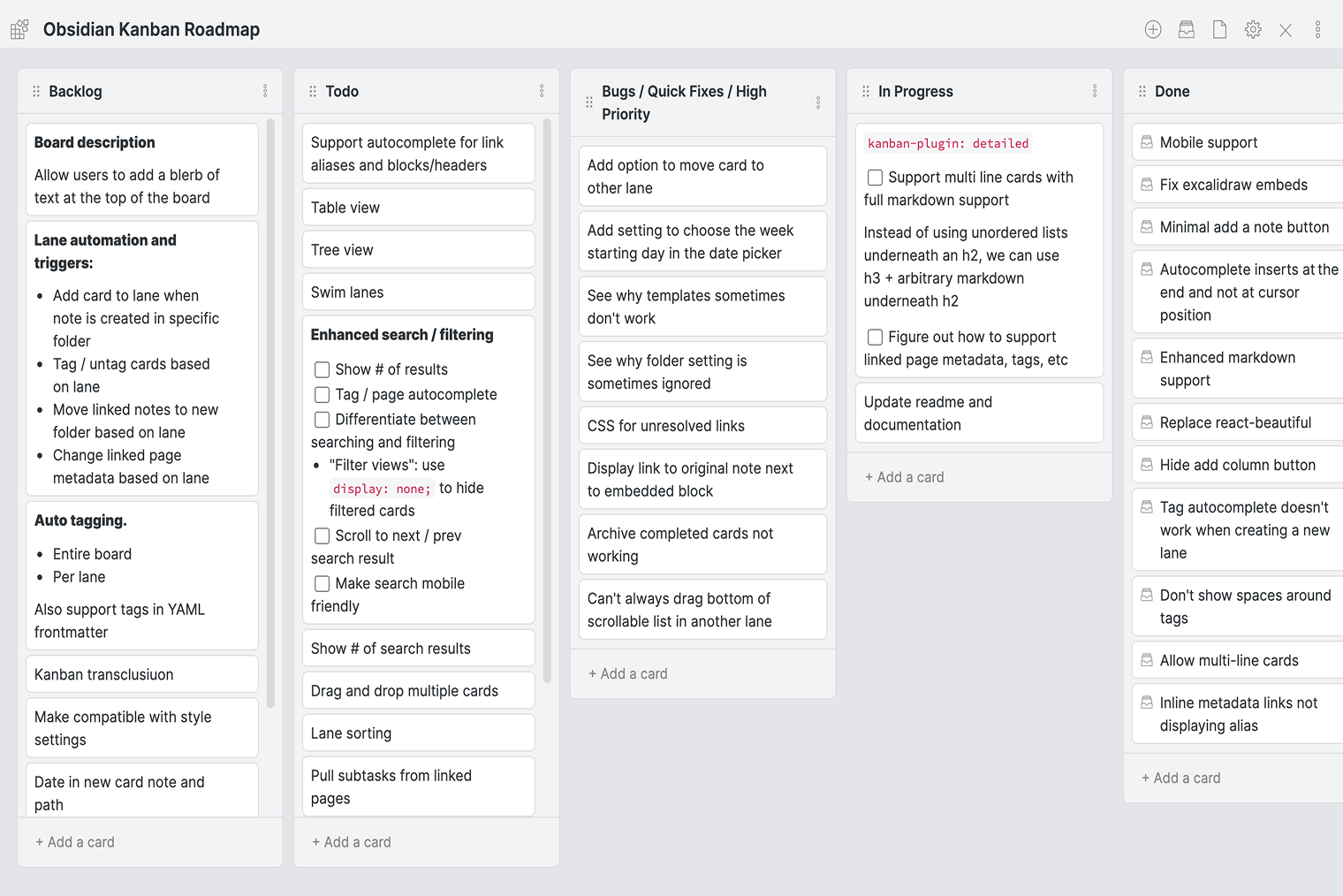 Канбан в Obsidian — кстати, светлая тема в сервисе тоже есть