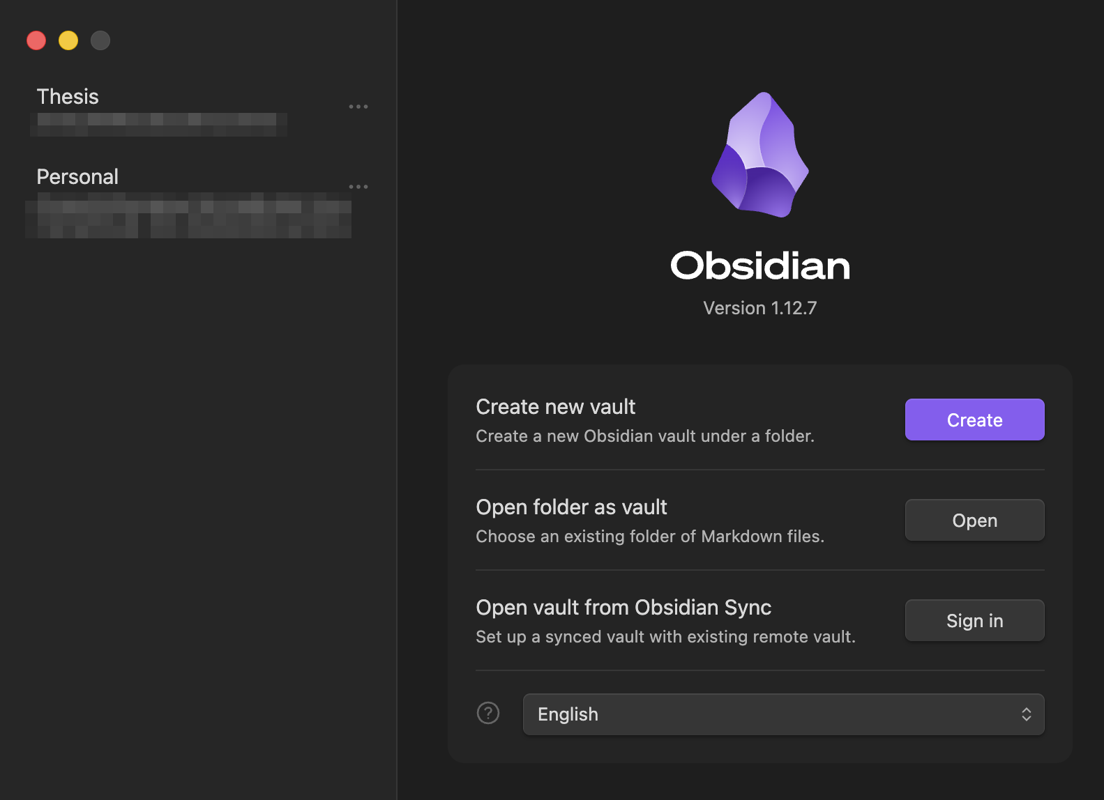 Меню создания хранилища. Тут же указана версия приложения — релизы Obsidian довольно частые, но дизайн сервиса меняется постепенно