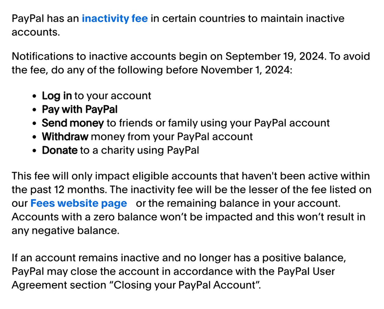 Так выглядит справка о комиссии за неактивные счета в Великобритании: в ней прямо прописано, что это не затронет счета с нулевым балансом. Источник: PayPal