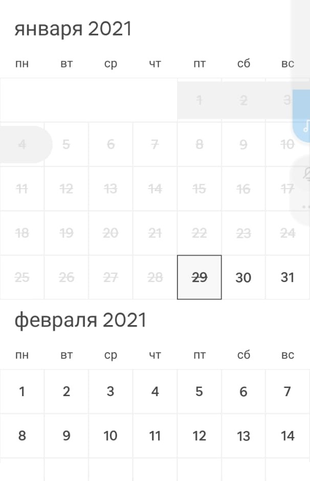 Календарь совершенно стандартный, как и на многих других сайтах. Серым помечены забронированные даты, белым — свободные, вычеркнуты те, что уже прошли