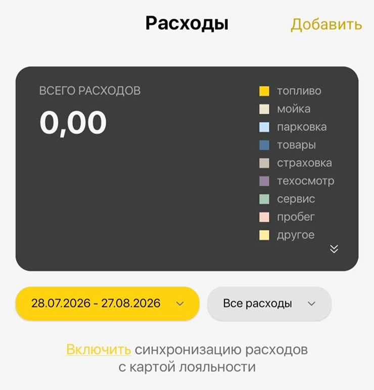 Сразу после регистрации в приложении появится меню расходов. Там удобно следить за своим авто: сколько денег уходит на топливо и парковки, как растет пробег и когда нужно пройти ТО