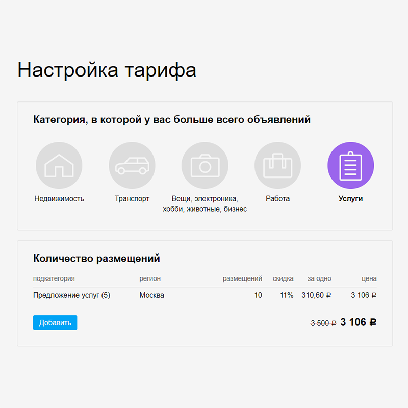 Если купить 10 объявлений на аккаунте «Про» в категории деловых услуг в Москве, то дадут скидку 11% или 310,6 ₽ за одно размещение