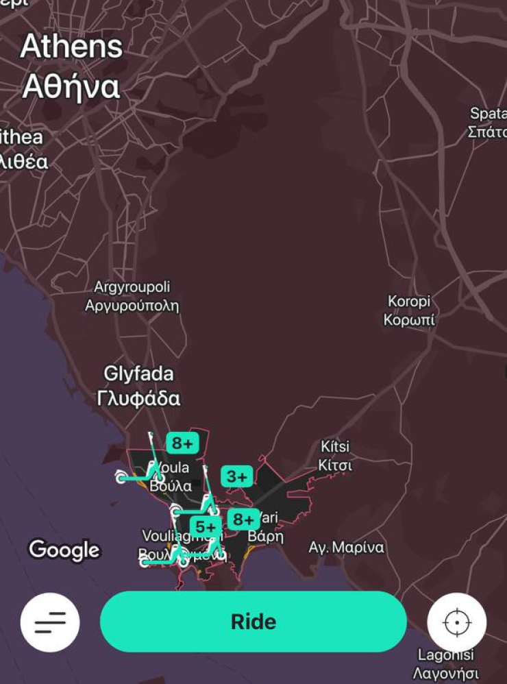 Так пункты аренды самокатов Hopp выглядят на карте Афин в приложении