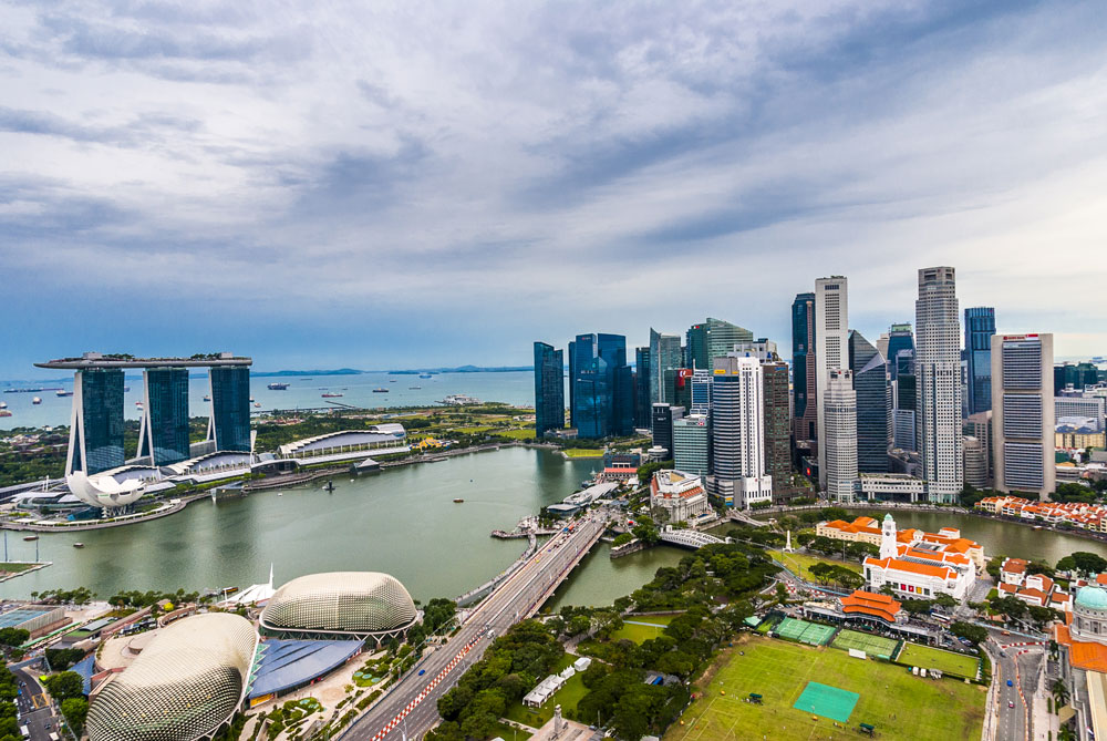 Все разнообразие Сингапура на одной фотографии: бурная растительность, стеклянные небоскребы, колониальные кварталы, жилые здания, туристические аттракционы и, конечно, море с сухогрузами и танкерами