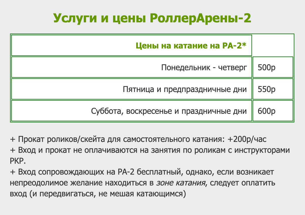 Стоимость входа в скейт-парк «Роллер-арена—2». Источник: rekil.ru