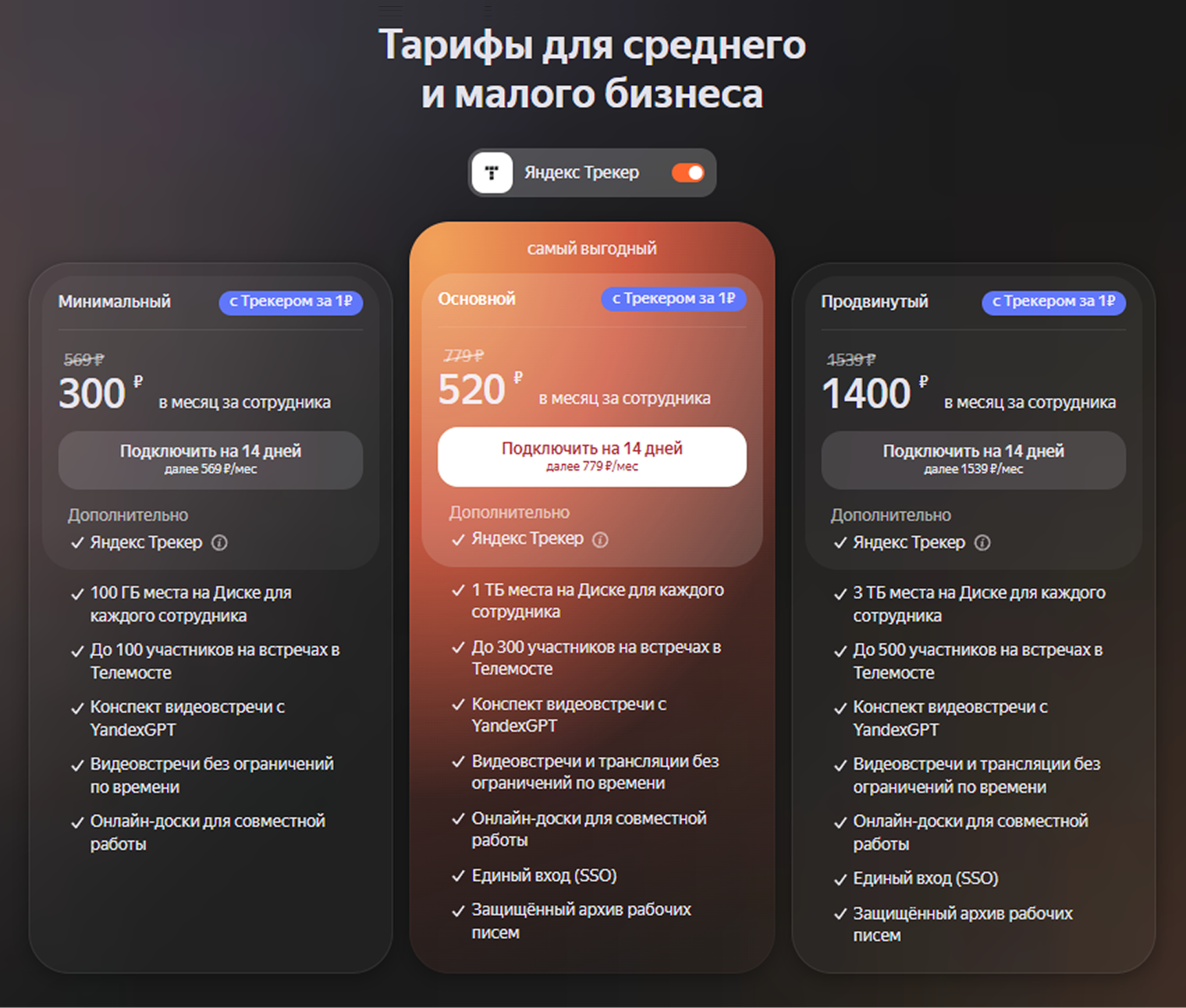 Платные тарифы «Телемоста» больше заточены для работы в командах: появляются инструменты совместной работы и увеличивается место в облаке. Источник: yandex.ru