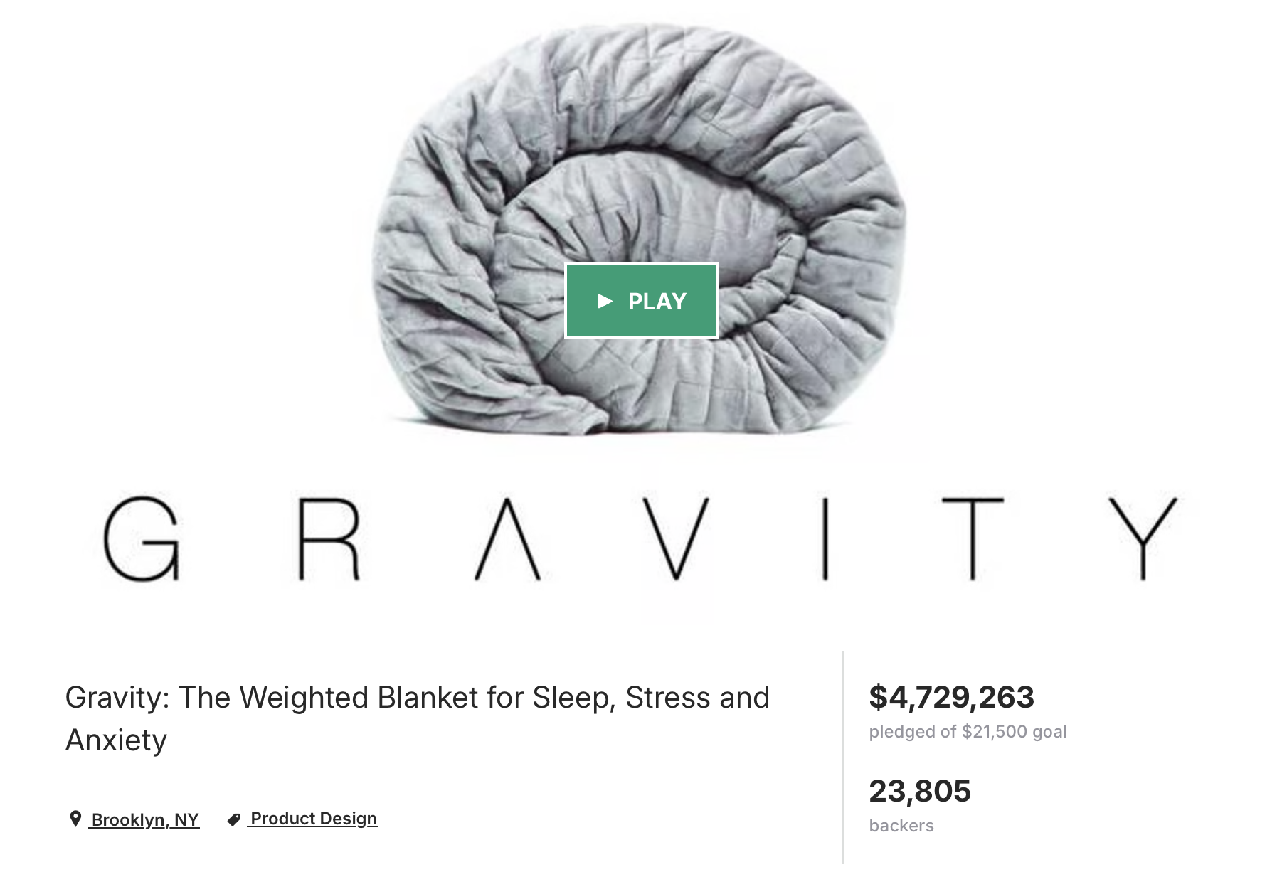 Скриншот платформы Kickstarter страницы Gravity Blanket