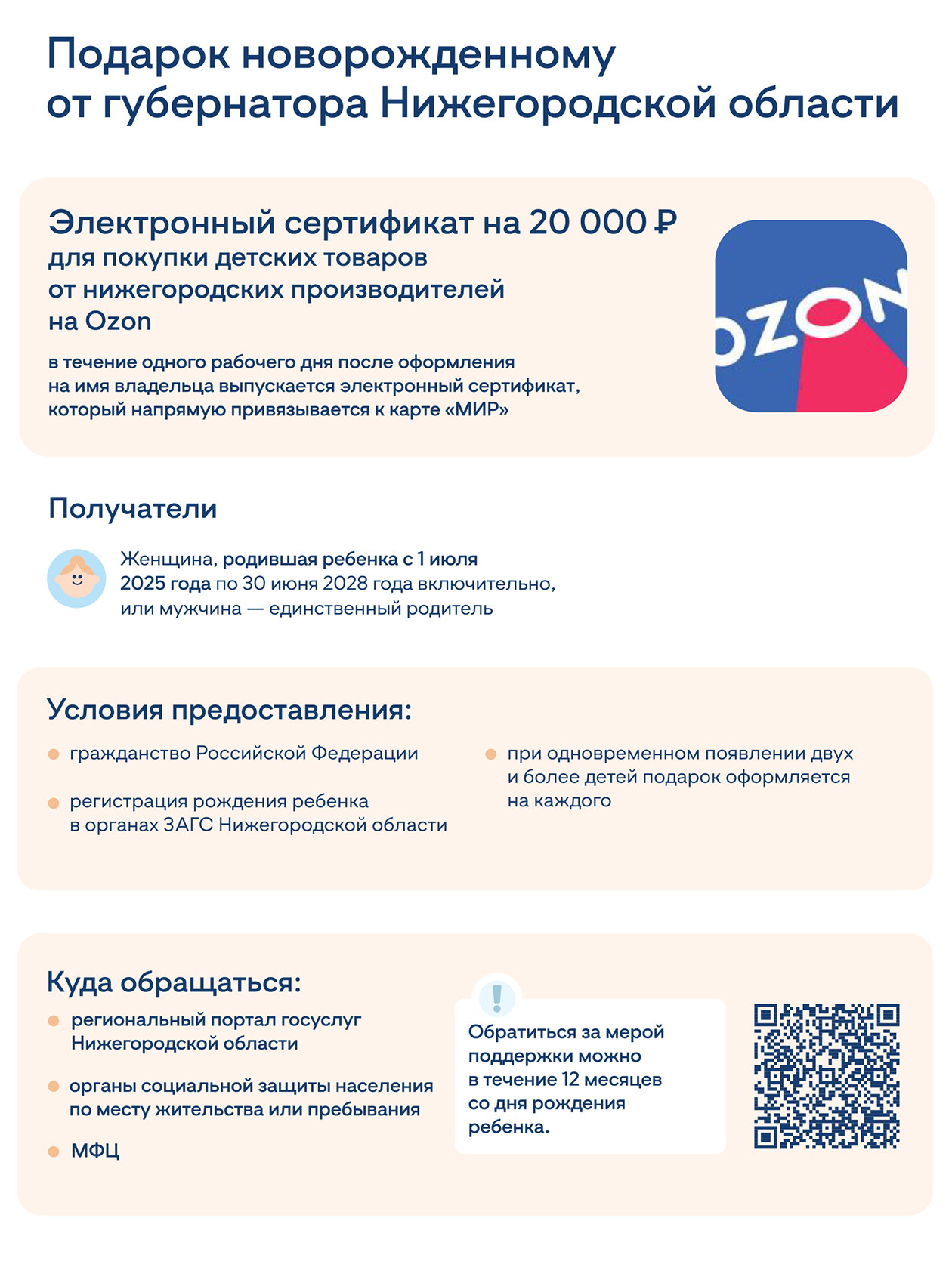 Электронный сертификат номиналом 20 000 ₽ в Нижегородской области привязывают к карте «Мир». Источник: minsocium.ru