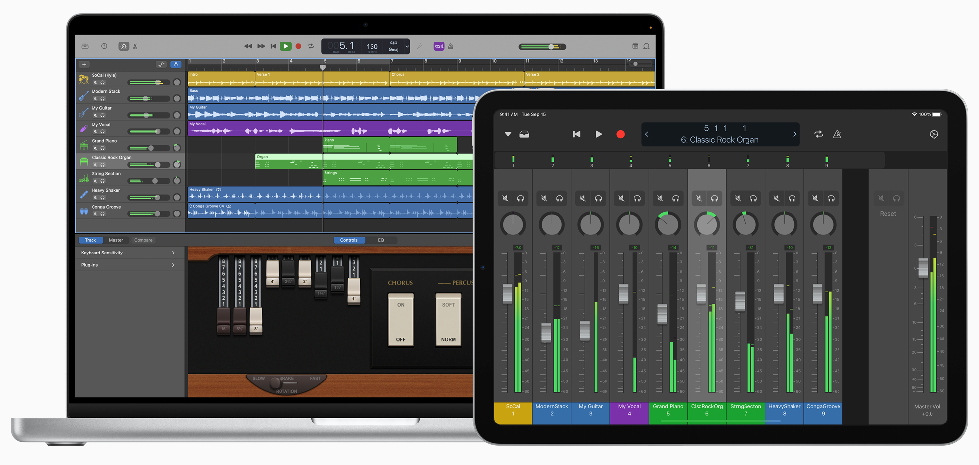 GarageBand поддерживает одновременную работу с нескольких устройств. Это удобно, если создаете музыку в команде. Источник: apple.com
