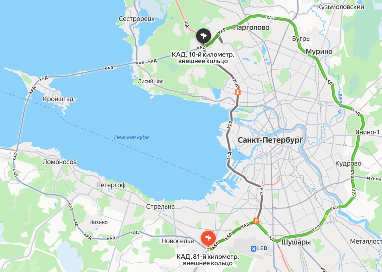 Условная граница Восточного полукольца — Западный скоростной диаметр