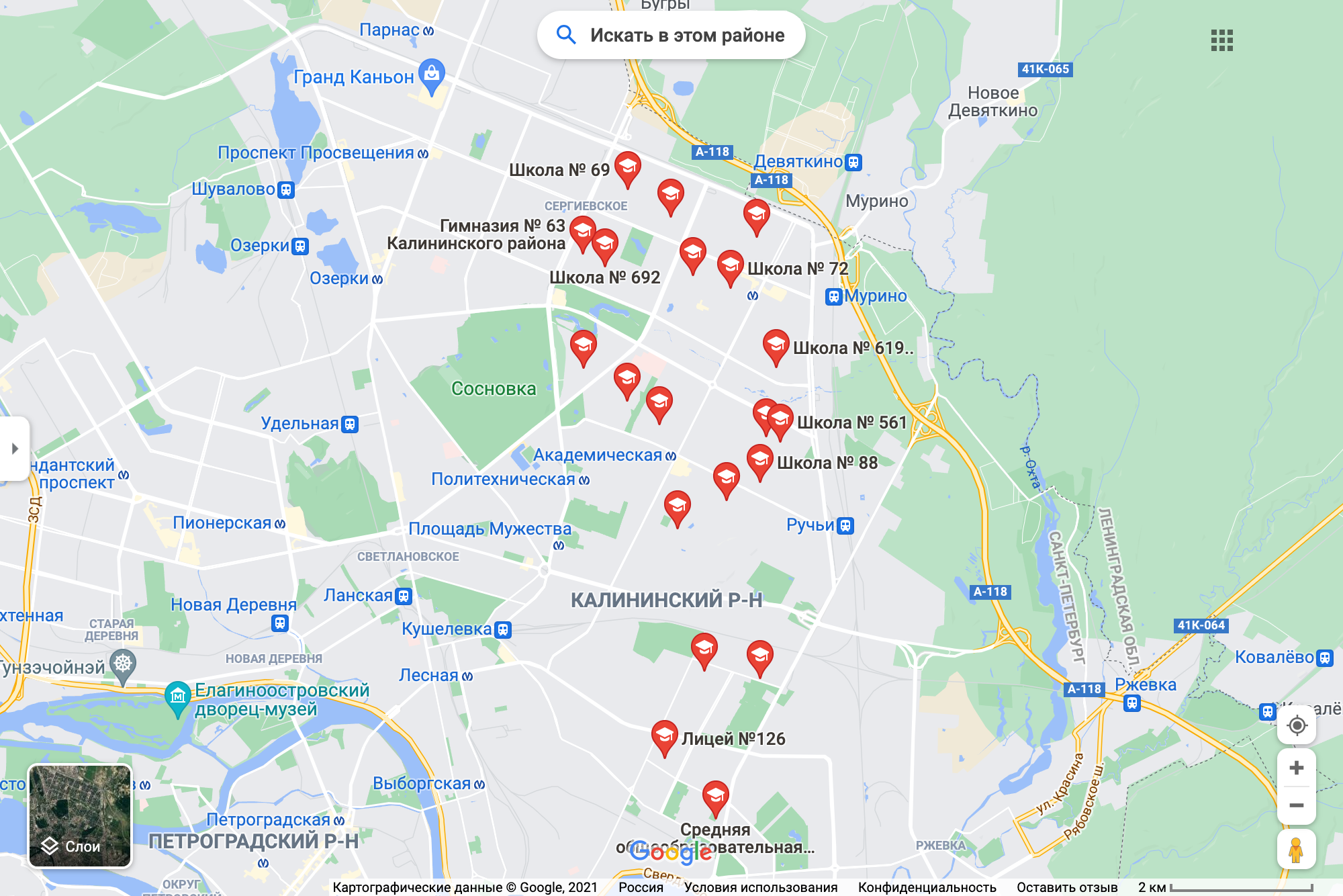 Школы Калининского района на карте