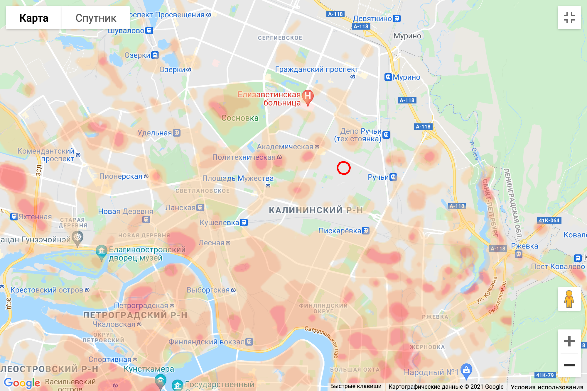 Загрязненные места Калининского района тяжелыми металлами. Красным цветом выделены самые загрязненные места, желтым — наименее загрязненные. Источник: cottagesspb.ru