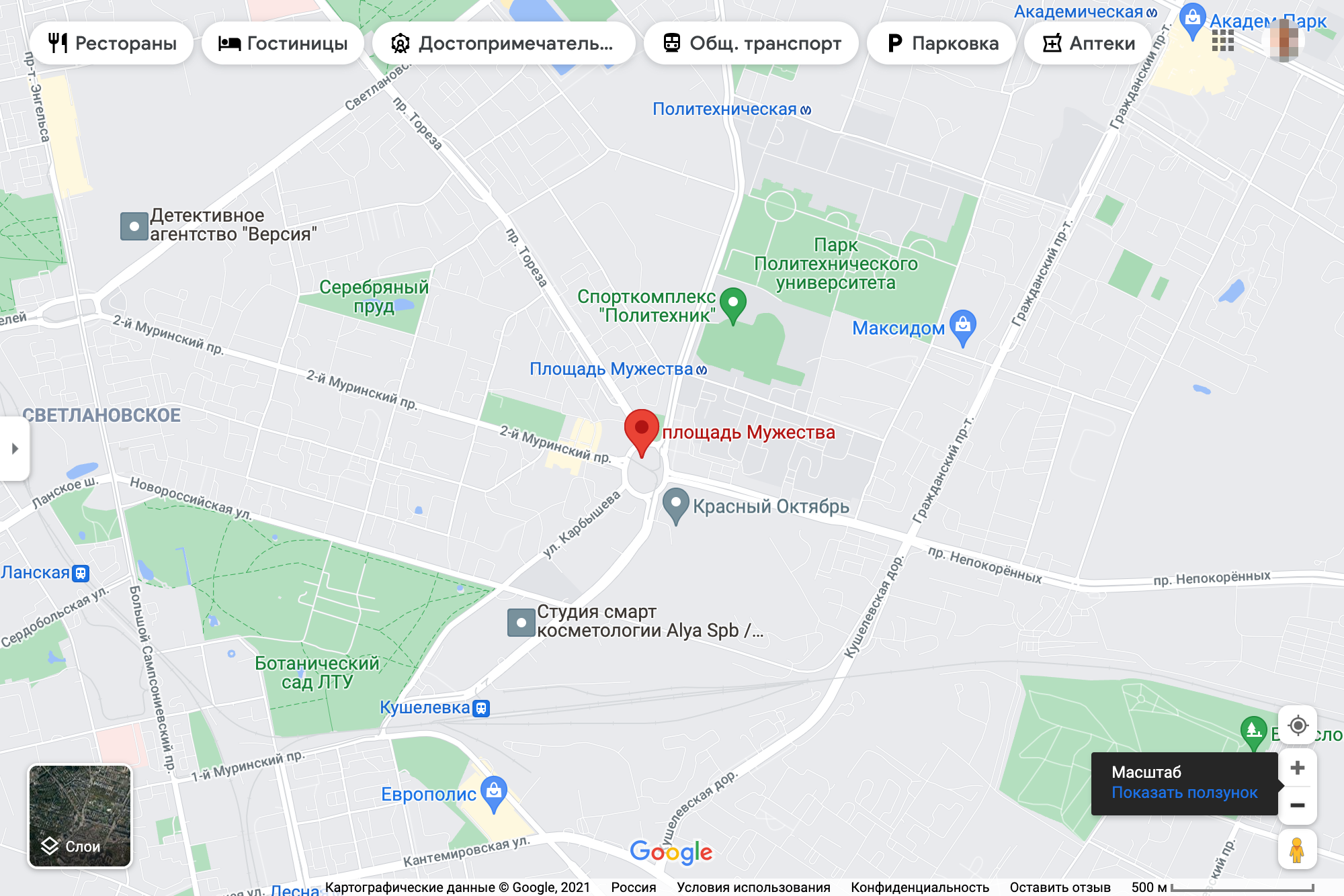 Метро «Площадь Мужества» на карте. Источник: Google