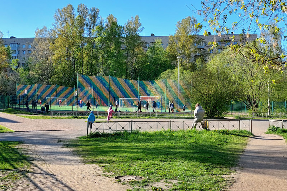 Двор советской застройки рядом с Пулковской улицей. Тут много зелени, многие занимаются спортом