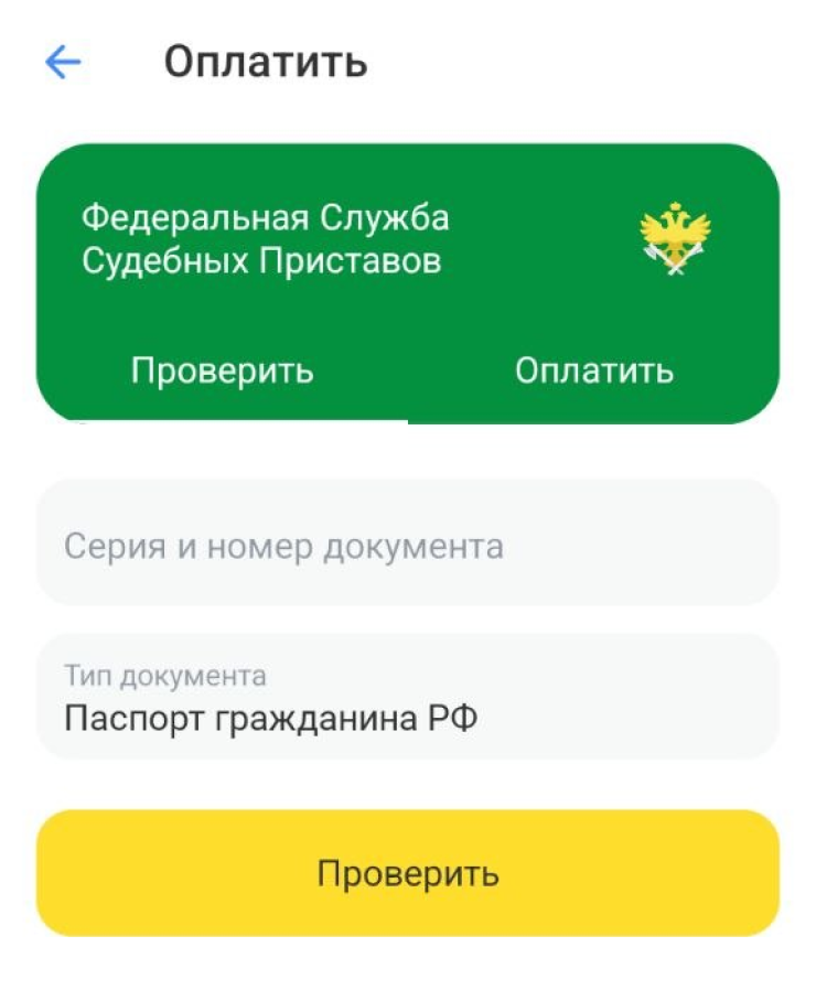 Проверить судебные штрафы можно по серии и номеру российского паспорта, ИНН или СНИЛС. Чтобы выбрать, нажмите на поле «Тип документа»