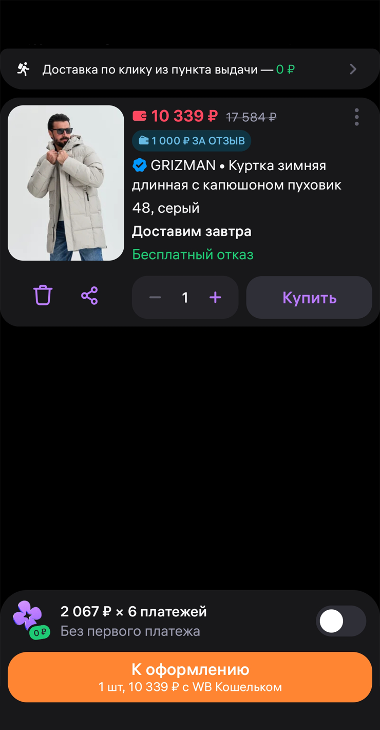 Та самая куртка. Количество и суммы платежей видно в корзине до этапа оплаты