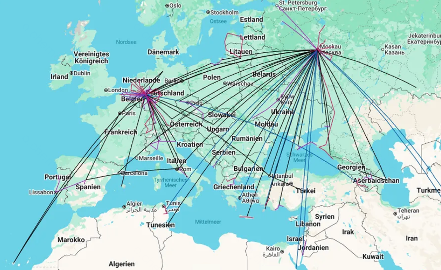 Карта со схемой моих поездок. Черные и синие линии — путешествия на самолете, красные и фиолетовые — на машине